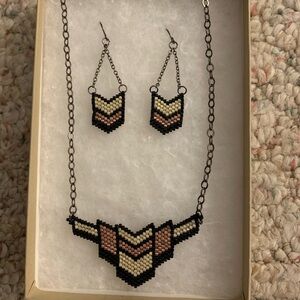 NWT- Hand stitched chevron necklace and earring set on gunmetal chain